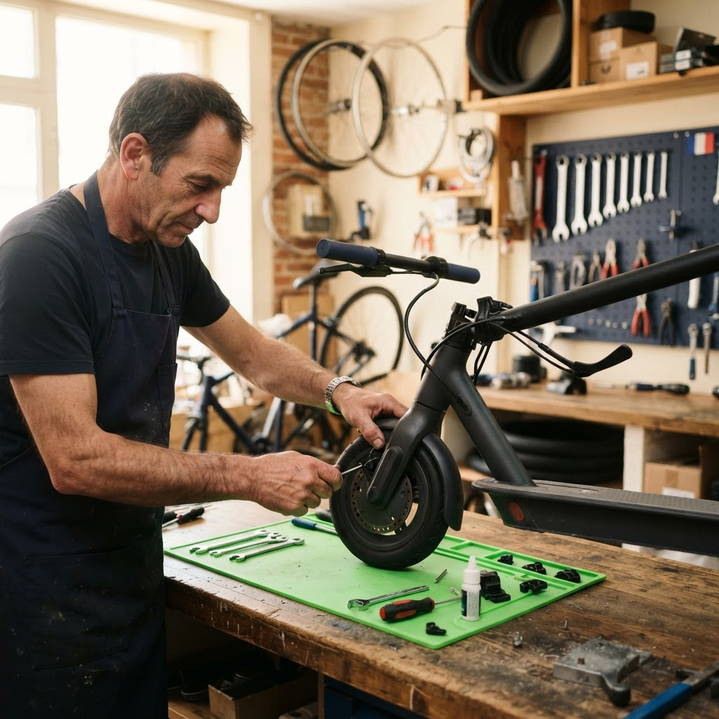Trottinette électrique en cours de réparation dans un atelier local